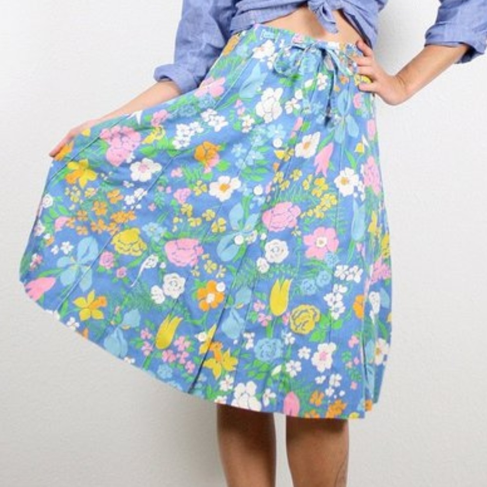 Vintage Floral Blue Skirt Midi Skirt Knee Length